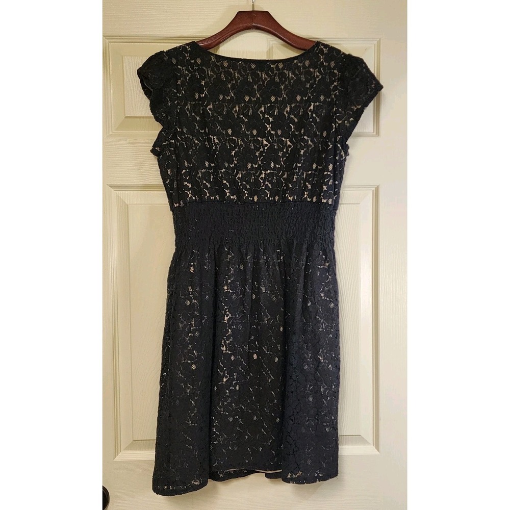 Womens Pinky Black Lace/ Gold Lined Smocked Waist Dress Size Large - Picture 2 of 6
